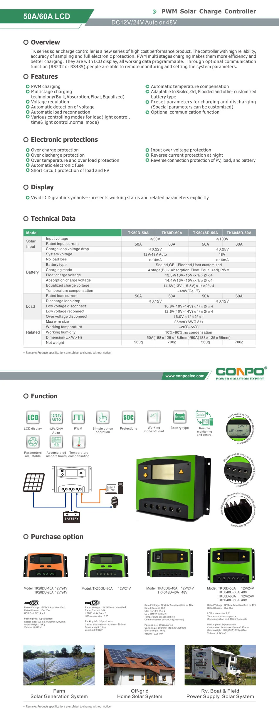 10A~100A, 12V/24V Auto., USB, LCD, PWM Solar Charger Controller